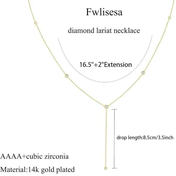 Gold Necklace Women 14k Gold Plated CZ Lariat Choker Boho Stylish Gift - Picture 4 of 6